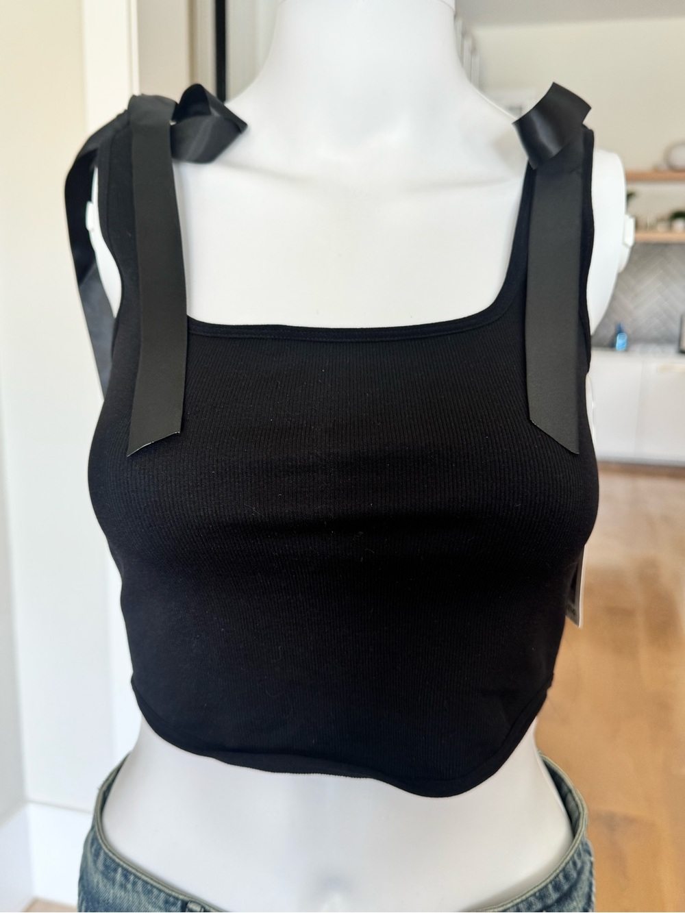 Altar'd State Black Ribbed Tie-Shoulder Crop Top
